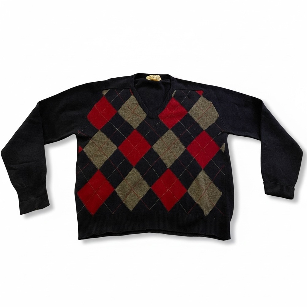 Argyle V-Neck Sweater - Navy and Red